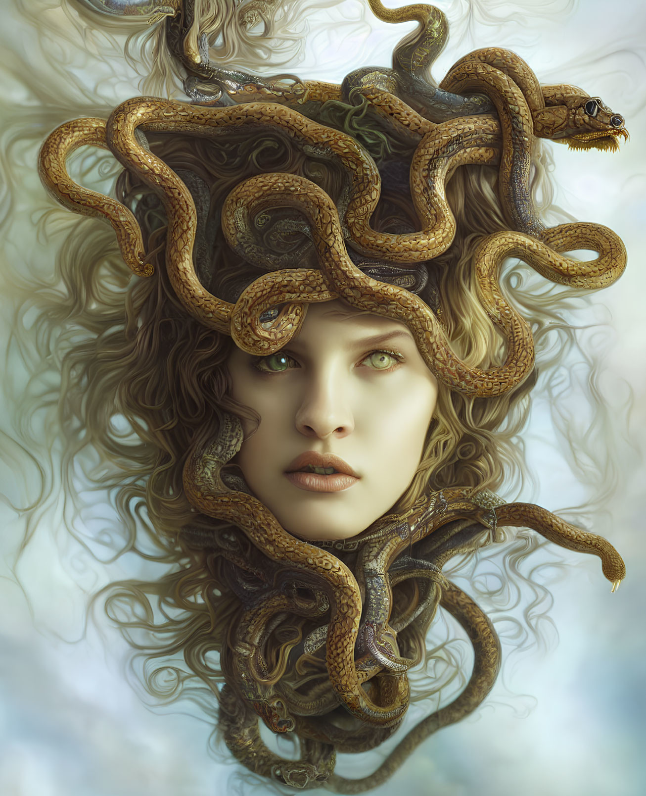 Digital artwork: Pale person with green eyes, hair of lifelike snakes in brown shades