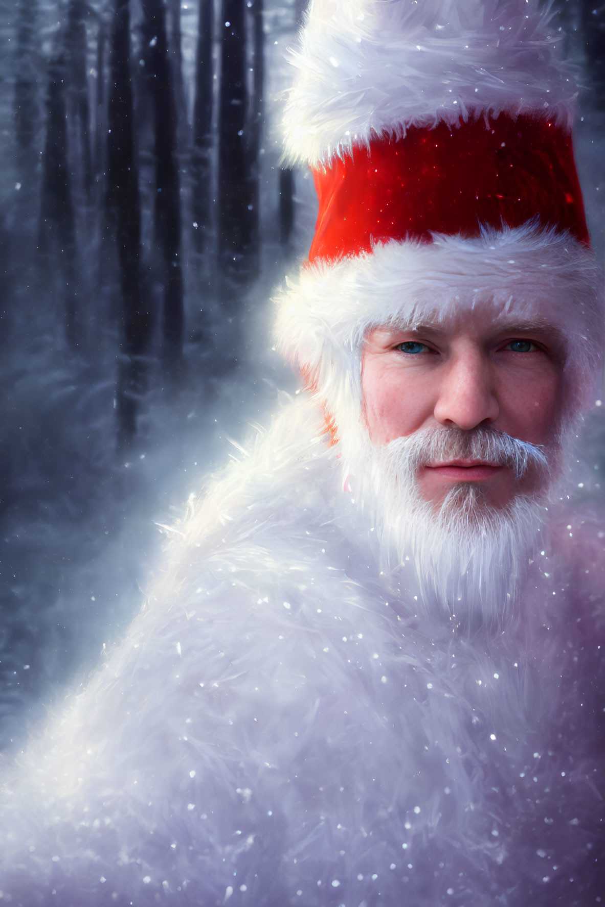 Person with White Beard in Santa Hat Against Snowy Forest Background