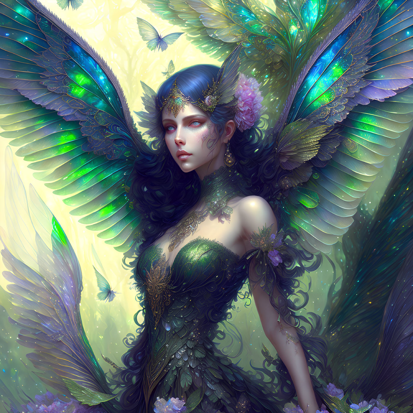 Ethereal woman with iridescent wings in mystical green attire
