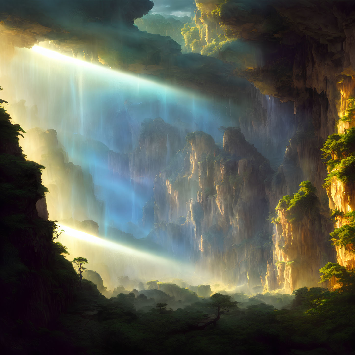 Sunlit Waterfall in Verdant Cavern with Misty Cliffs
