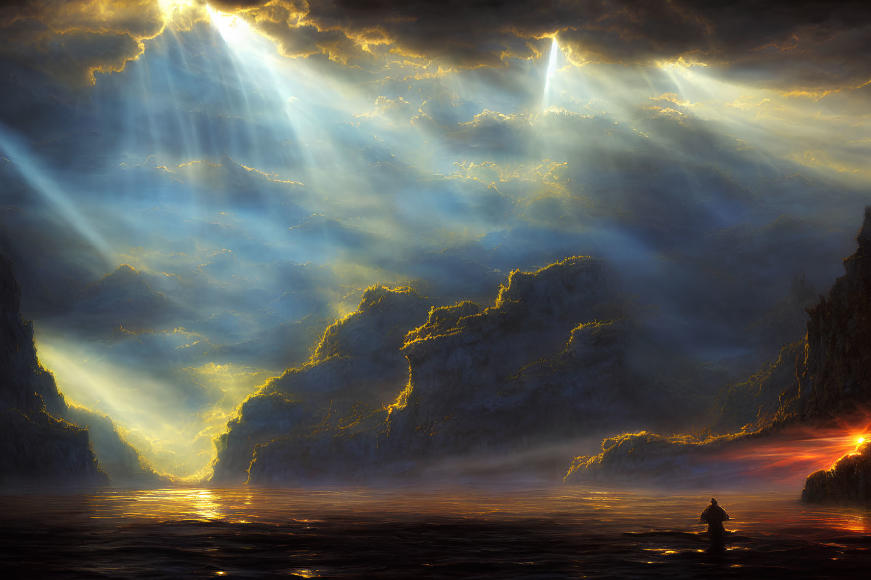 Figure in boat on dark sea under dramatic sky with sunlight rays and towering cliffs.