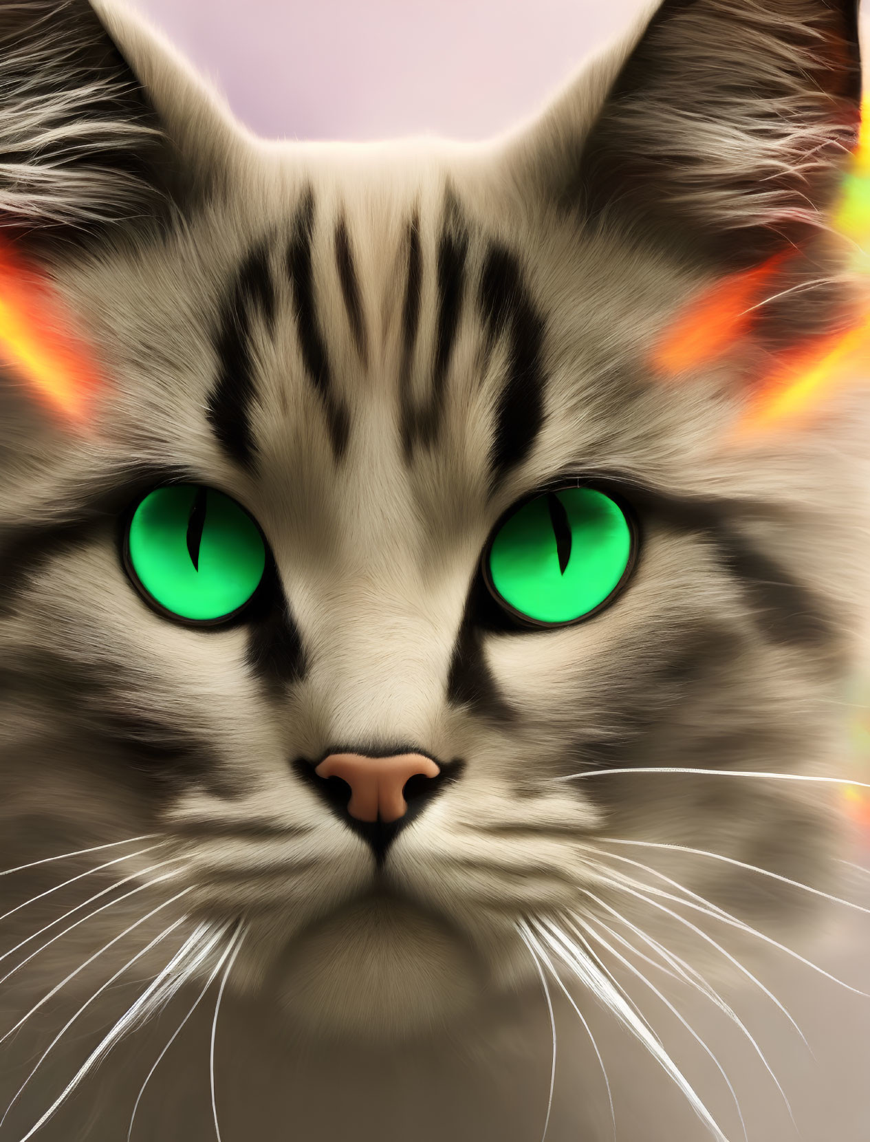Detailed Close-Up Digital Artwork: Cat with Green Eyes and Tabby Markings