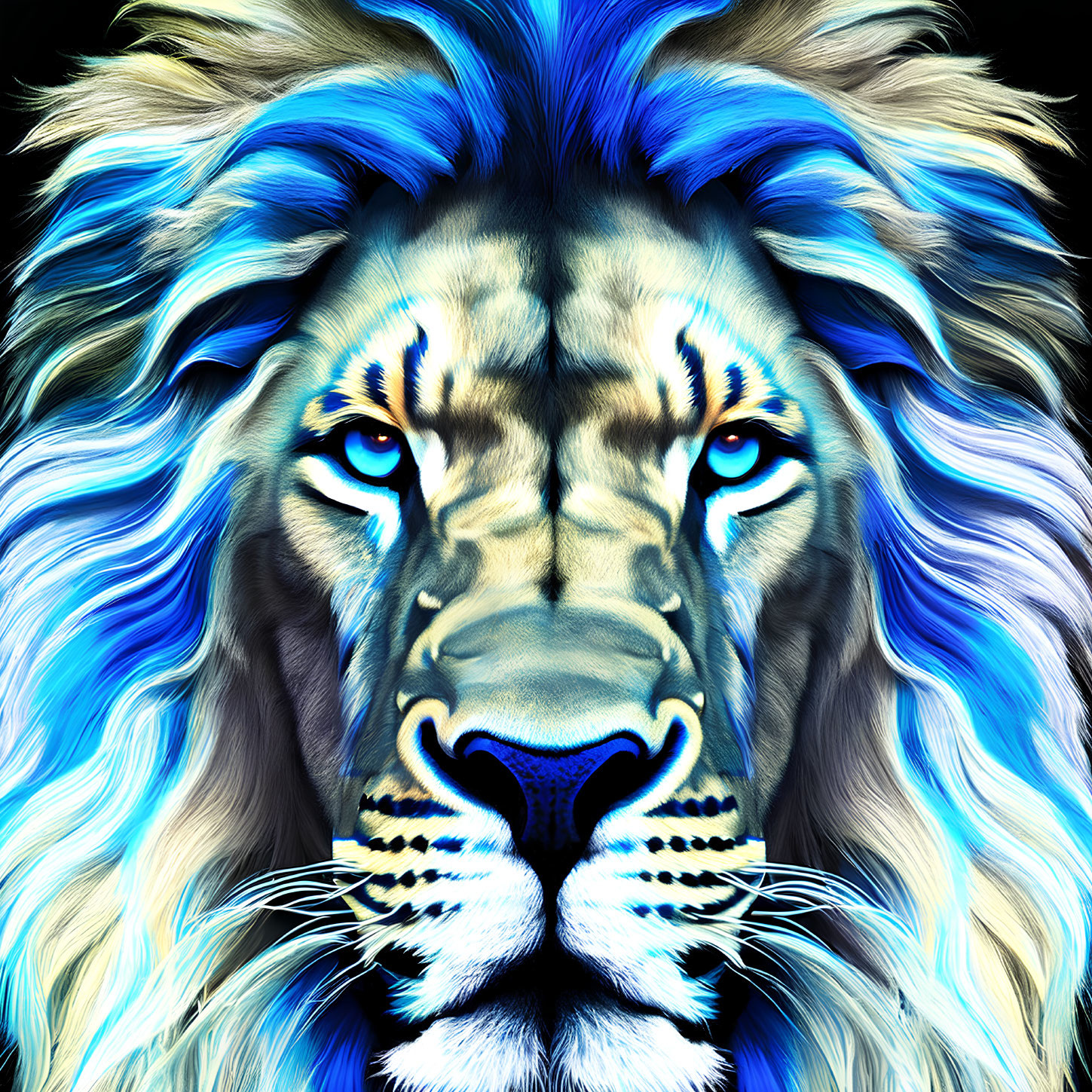 Vibrant blue-maned lion digital artwork