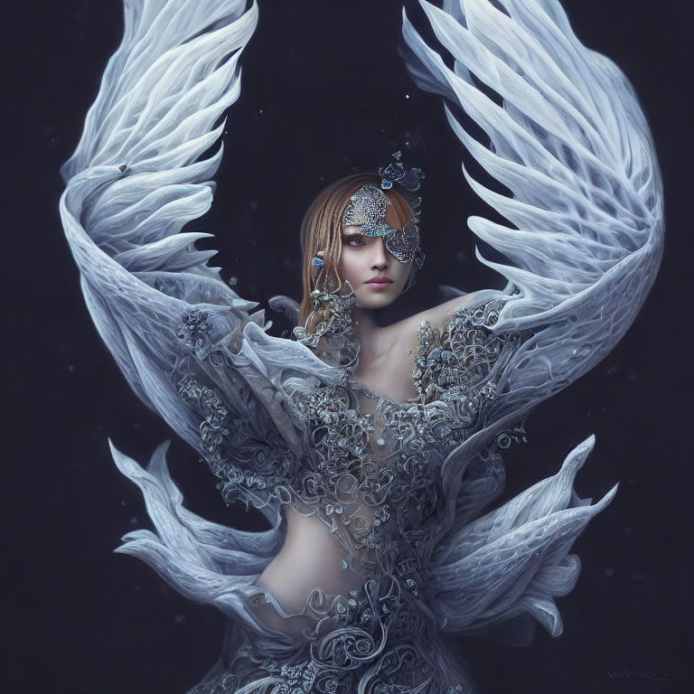 Fantasy image: Woman with ornate wings and silver filigree attire on dark backdrop