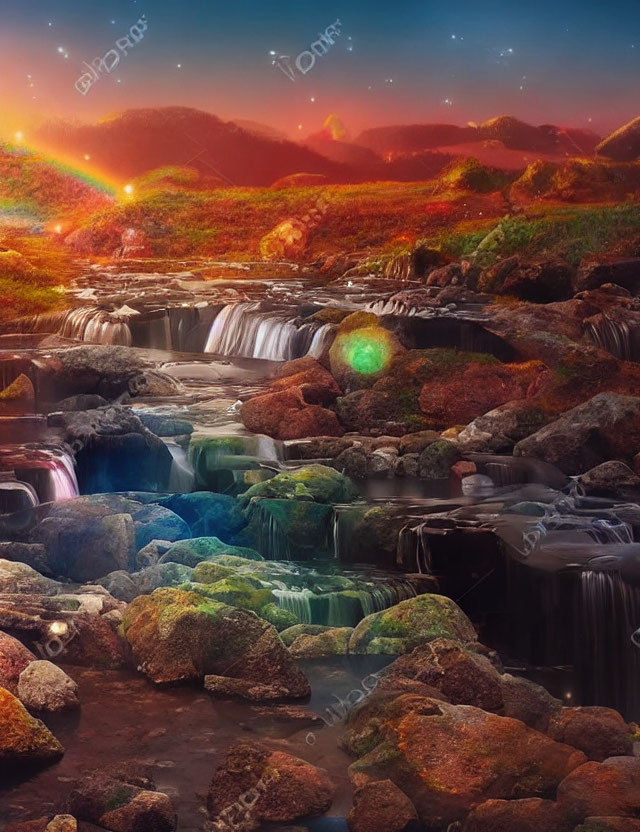 Scenic Landscape with Waterfalls, Sunset, and Stars