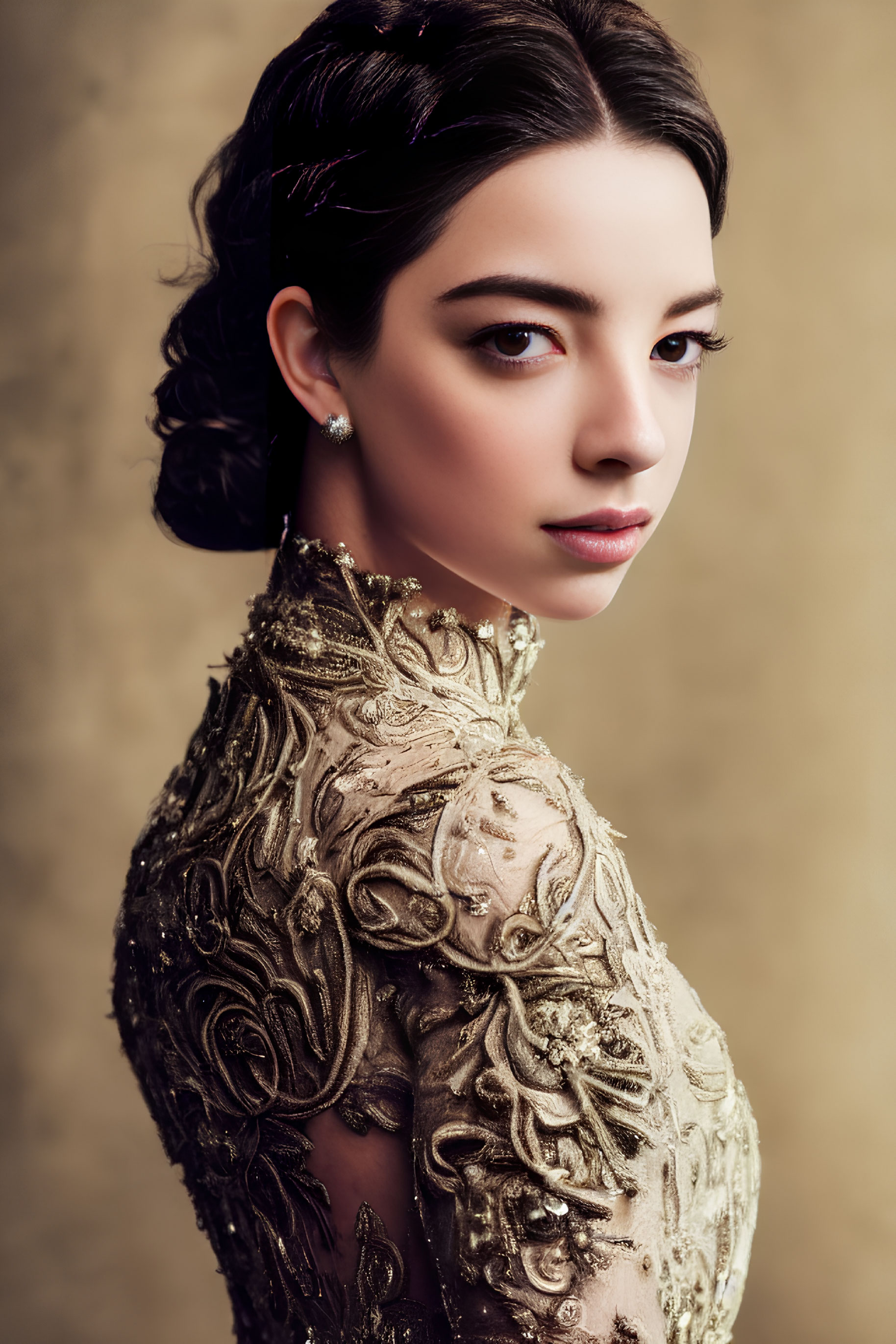 Elegant woman in gold-embroidered dress with striking makeup