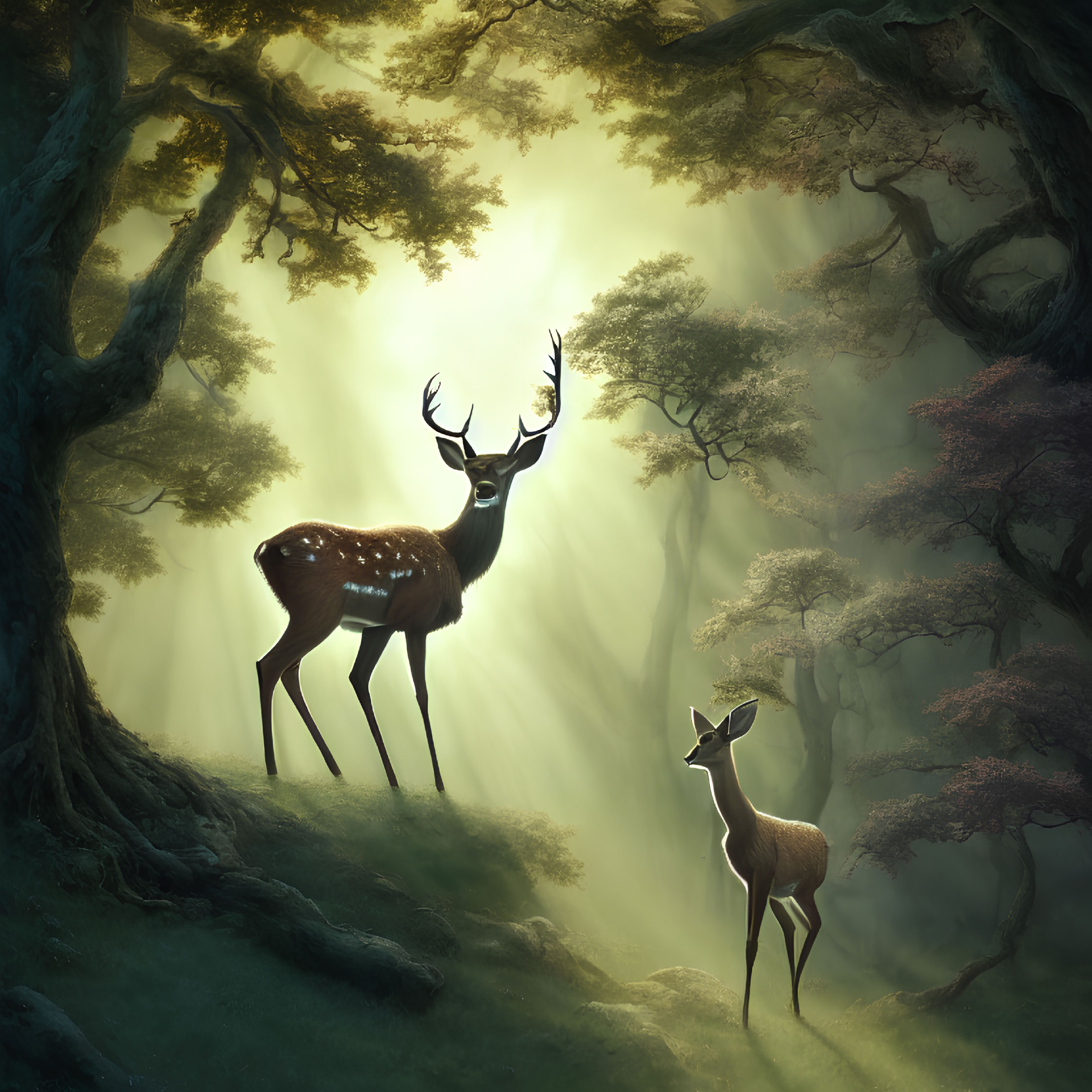 Majestic stag and doe in tranquil forest scene