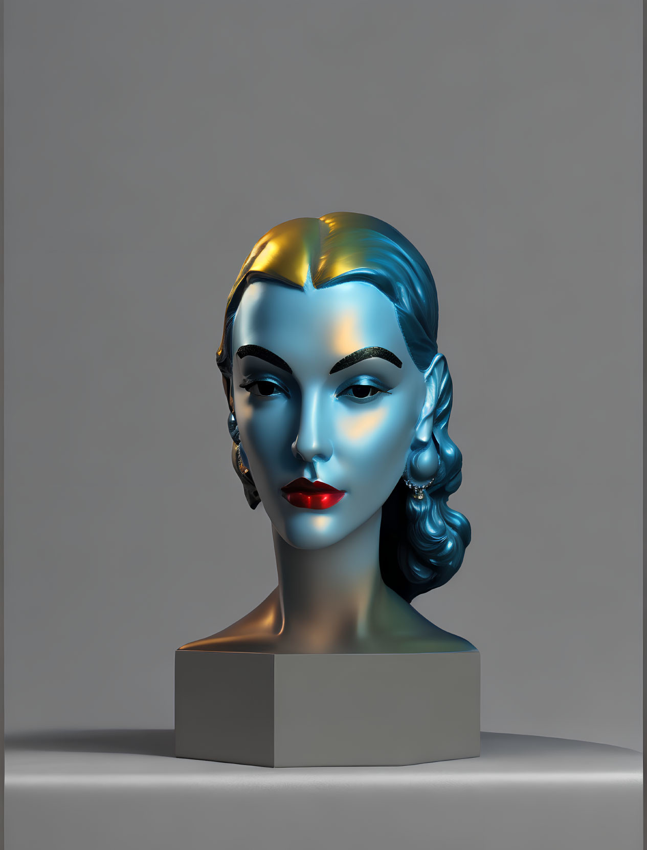 Multicolored glossy bust of a woman with sleek hair and earrings on pedestal