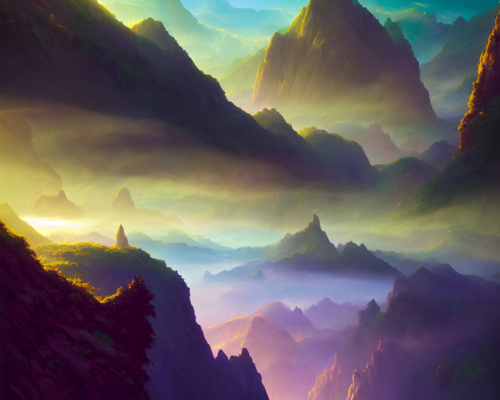 Mystical Valley Sunrise with Green, Purple, and Gold Mountains