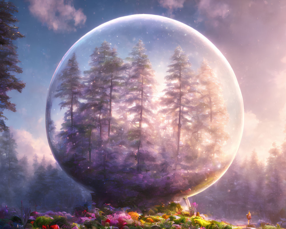 Surreal landscape with person and transparent orb in vibrant forest