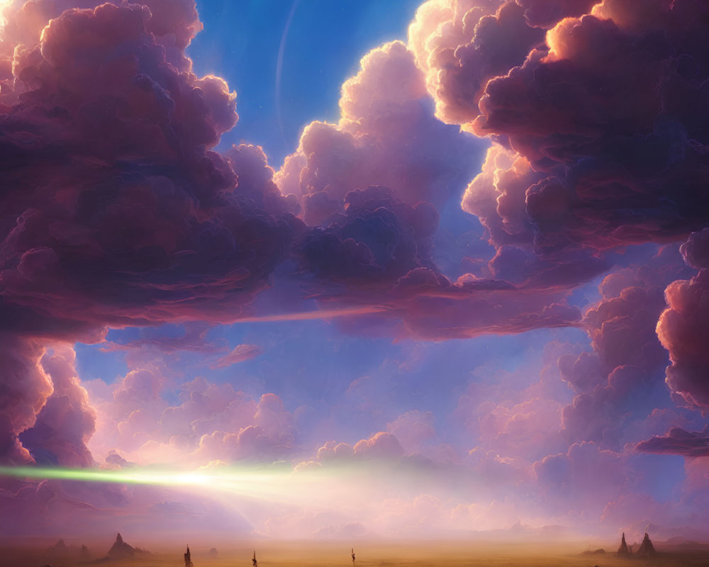 Surreal landscape with vast field, dramatic sky, towering clouds, figures, and distant planet.