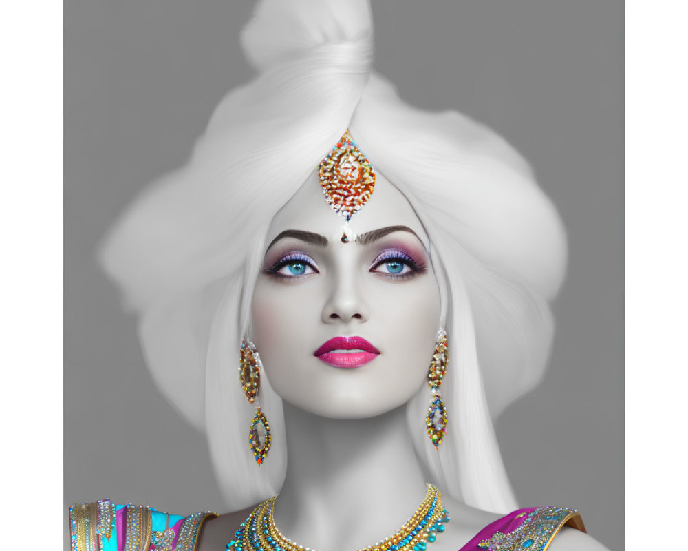 Woman with Striking Makeup and White Turban Adorned with Orange Jewel