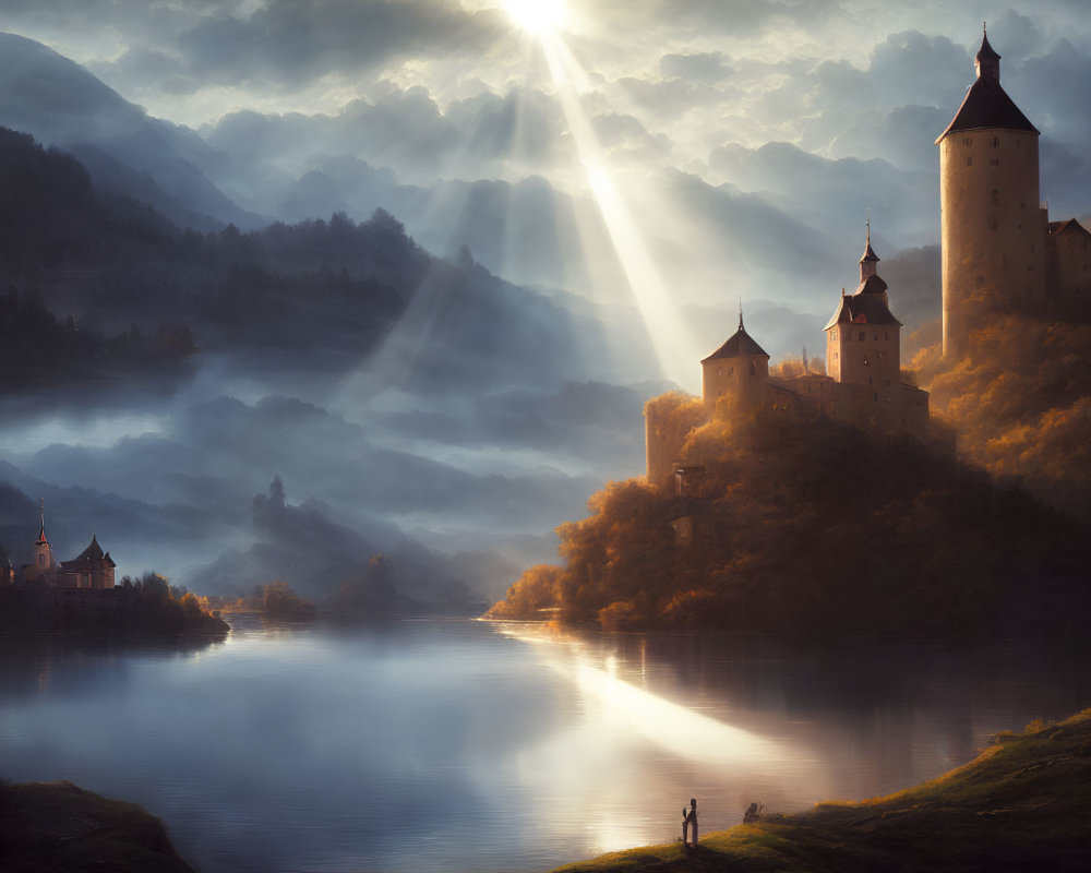 Castle by River: Sun Rays, Figures, Scenic View