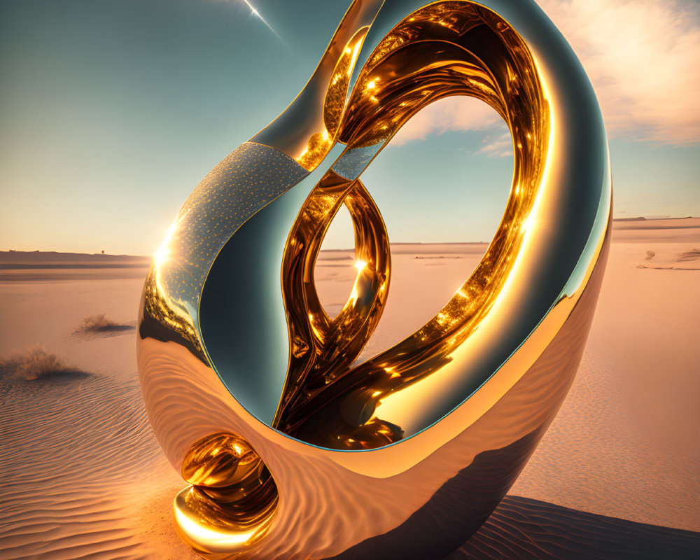 Gold and White Mobius Strip Sculpture on Sandy Dunes with Passing Comet