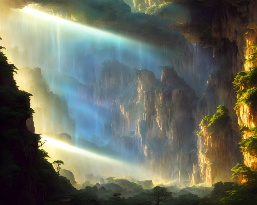 Sunlit Waterfall in Verdant Cavern with Misty Cliffs