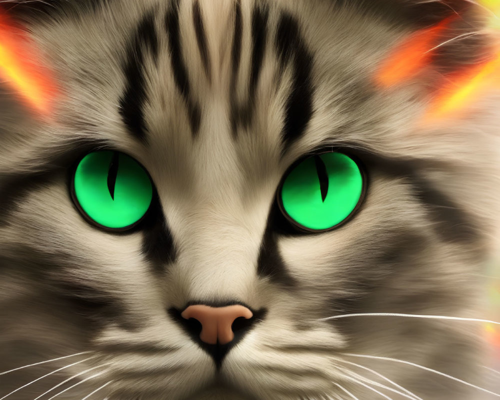 Detailed Close-Up Digital Artwork: Cat with Green Eyes and Tabby Markings