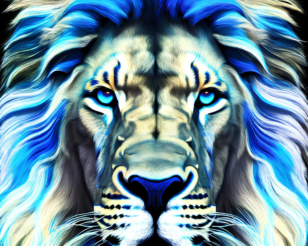 Vibrant blue-maned lion digital artwork
