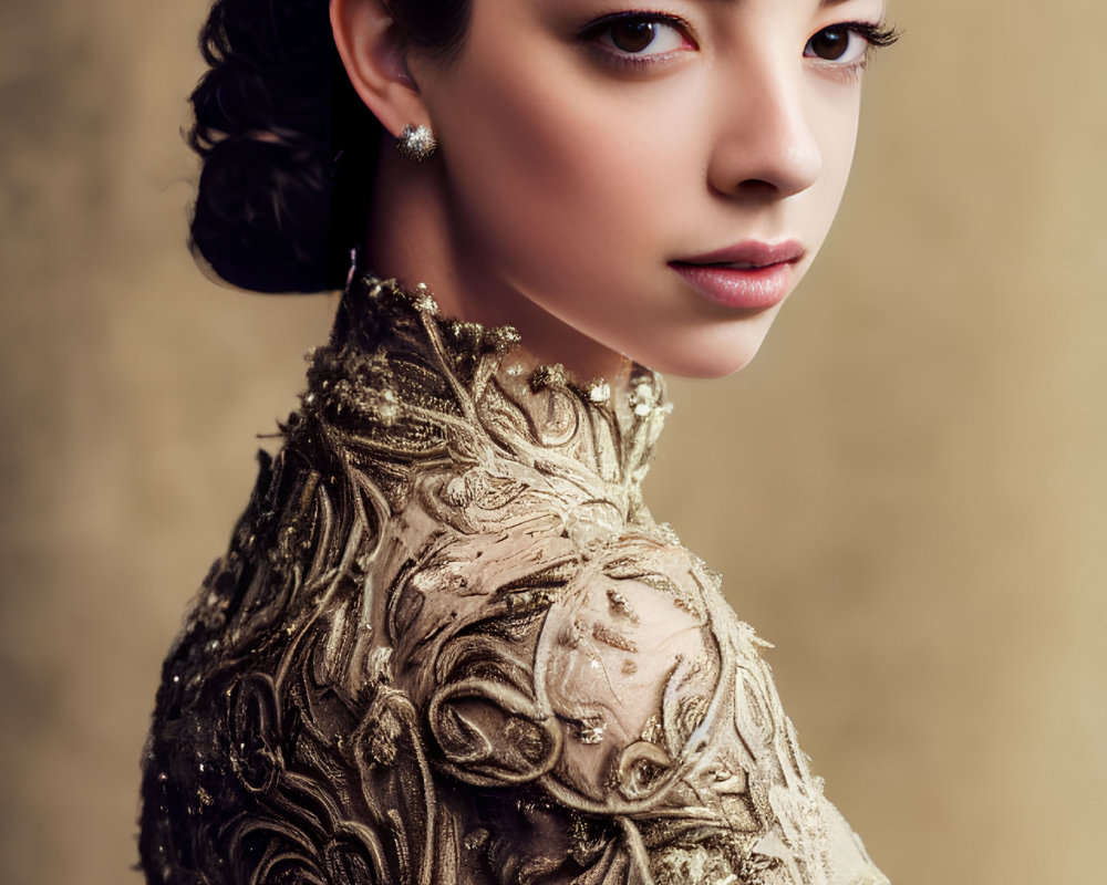 Elegant woman in gold-embroidered dress with striking makeup