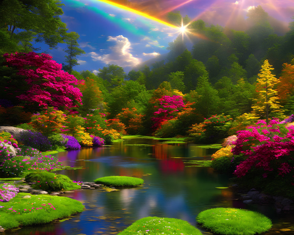 Colorful forest scene with rainbow, sunbeams, river, and lush flora