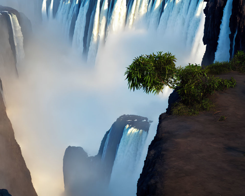 Majestic waterfall surrounded by misty atmosphere and lush green foliage