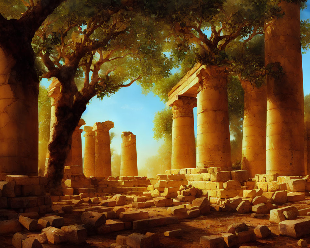 Ancient temple ruins with towering columns under a tree and sunlight filtering through foliage