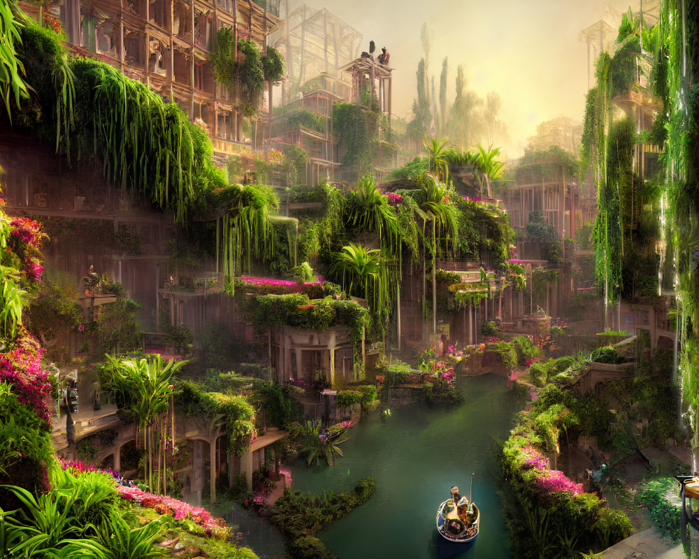 Ancient cityscape with lush greenery, river, suspended gardens, and greenhouses