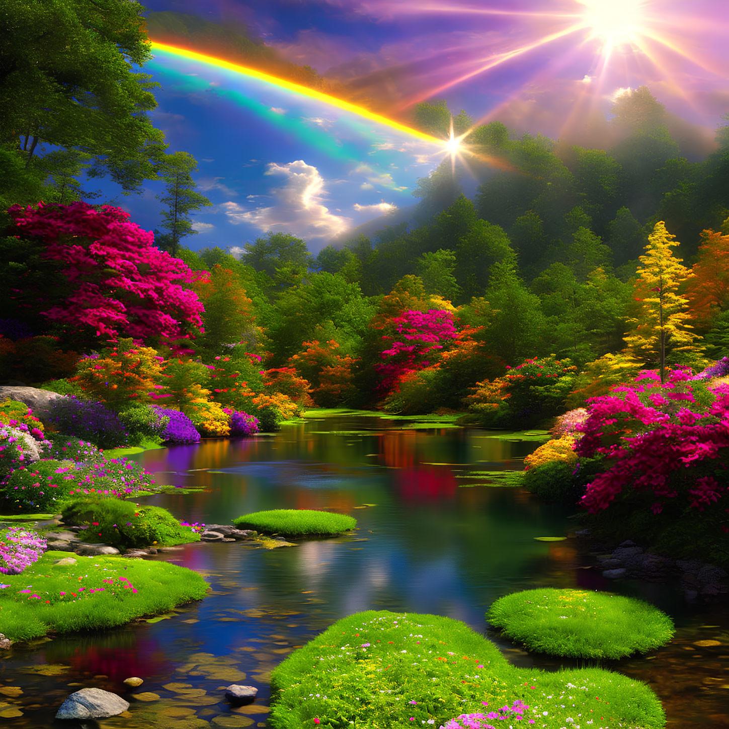 Colorful forest scene with rainbow, sunbeams, river, and lush flora