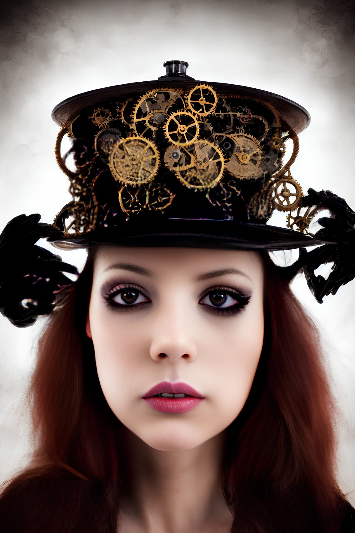 Red-haired woman with striking makeup in top hat filled with clock gears, surreal cloudy background