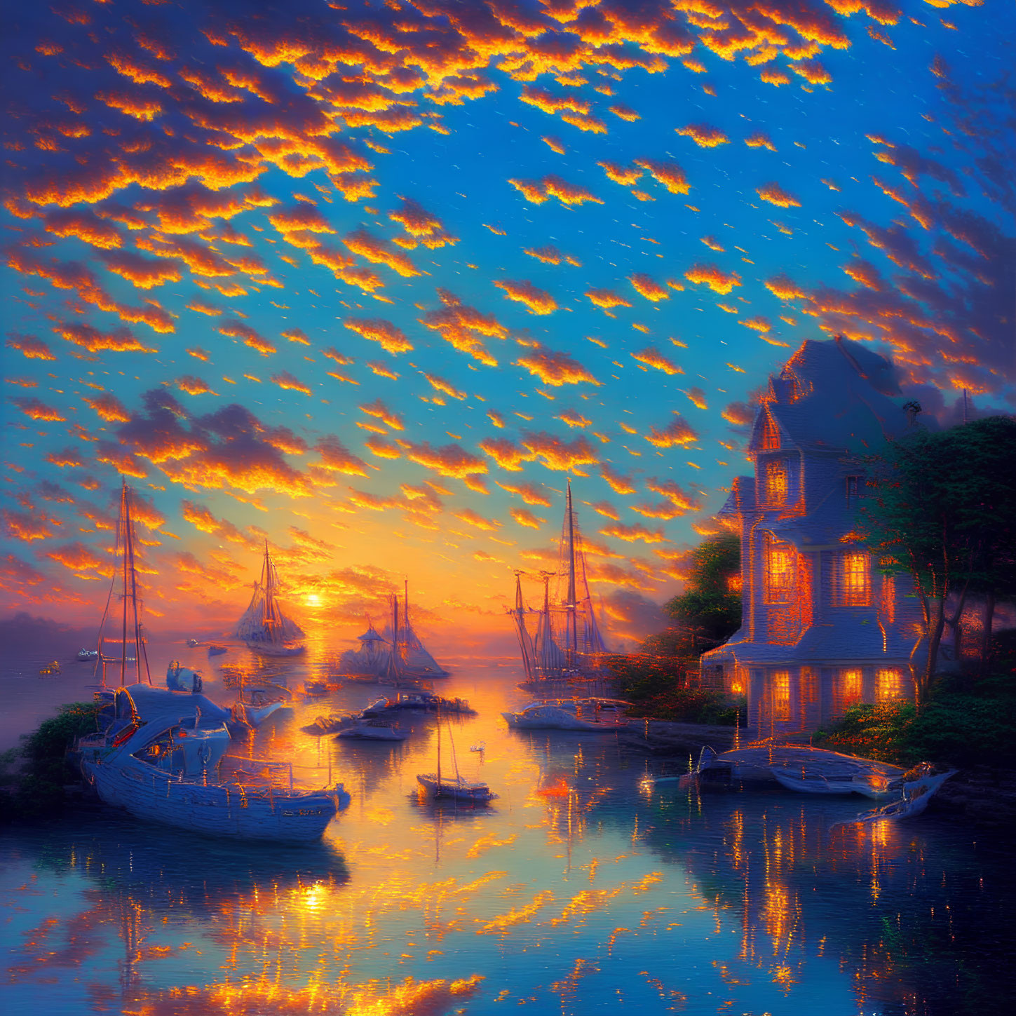 Tranquil harbor scene at sunset with moored boats and grand house against vibrant sky.