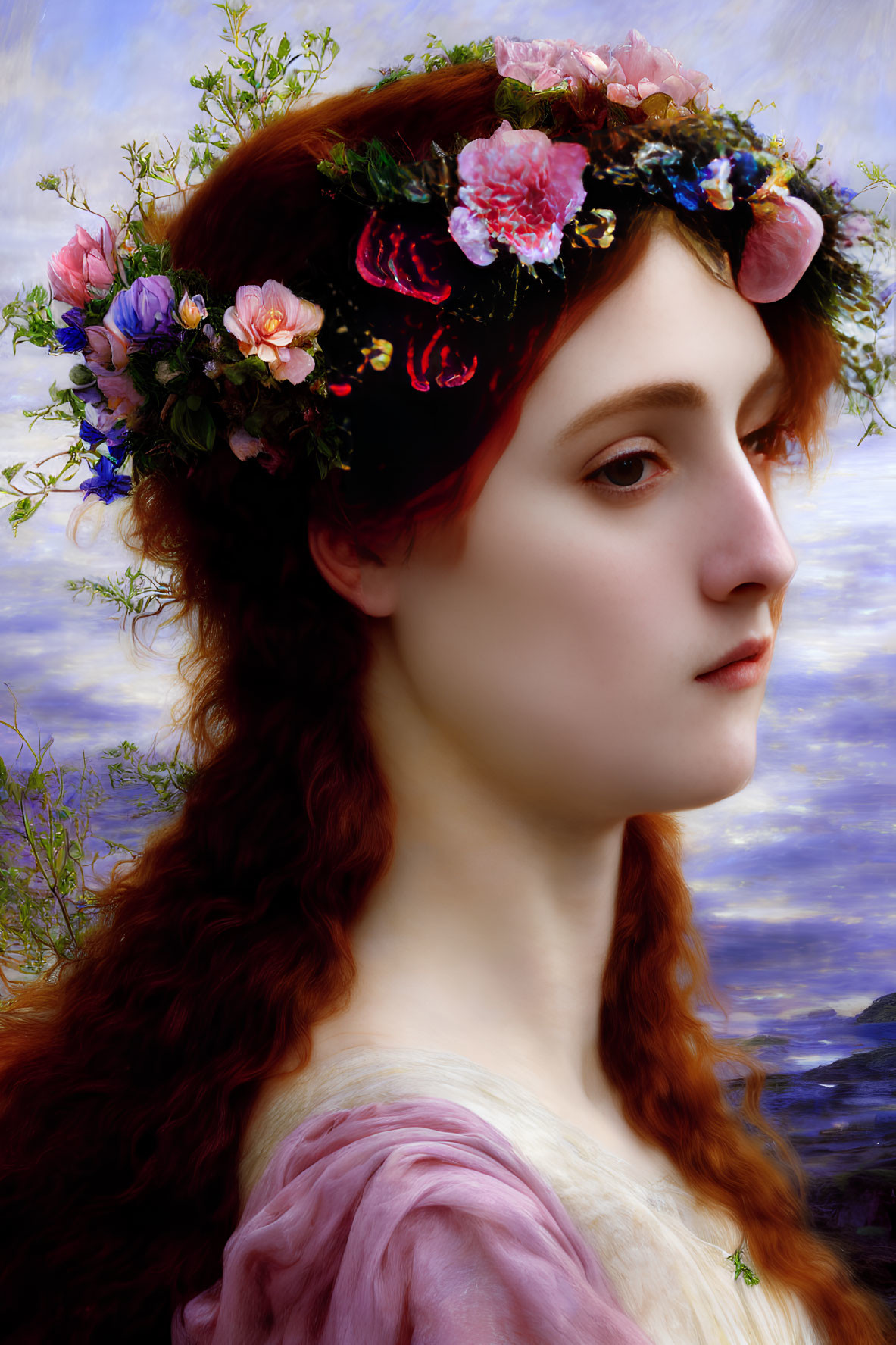 Woman portrait with floral crown and auburn hair in pink dress against cloudy purple sky