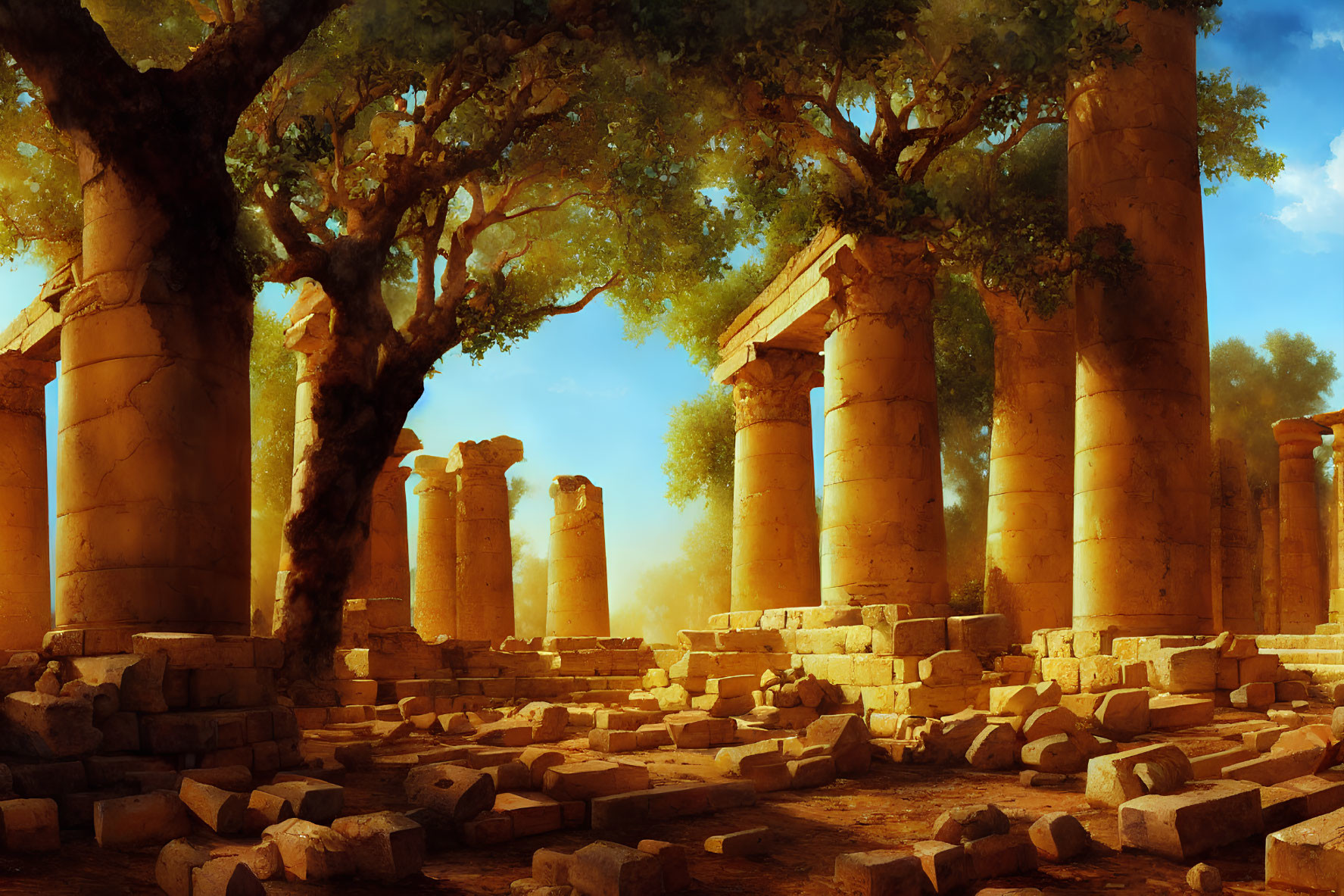 Ancient temple ruins with towering columns under a tree and sunlight filtering through foliage
