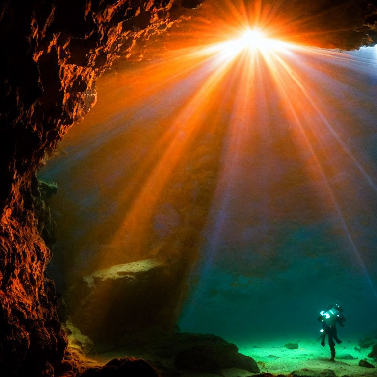 Underwater cave diver explores sunlit rock formations