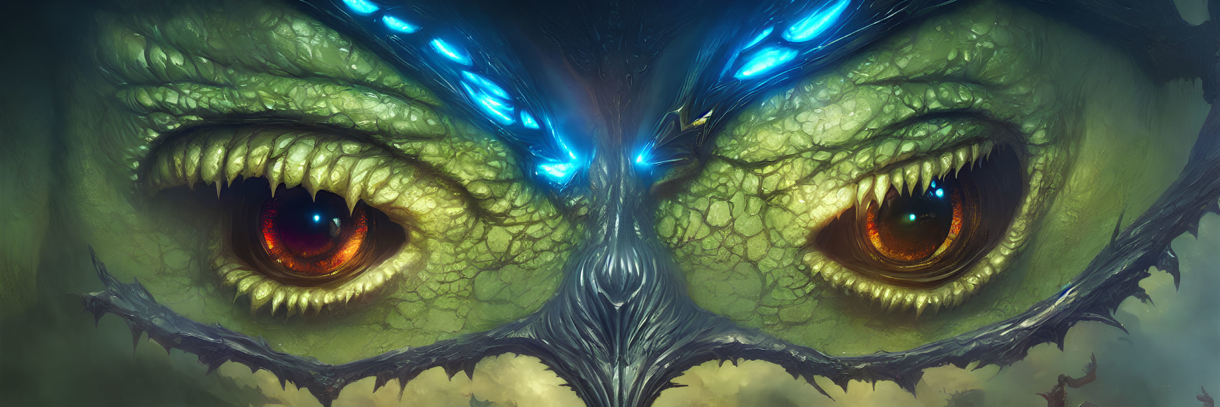 Detailed Image: Dragon's Face with Glowing Blue Markings and Yellow Eyes