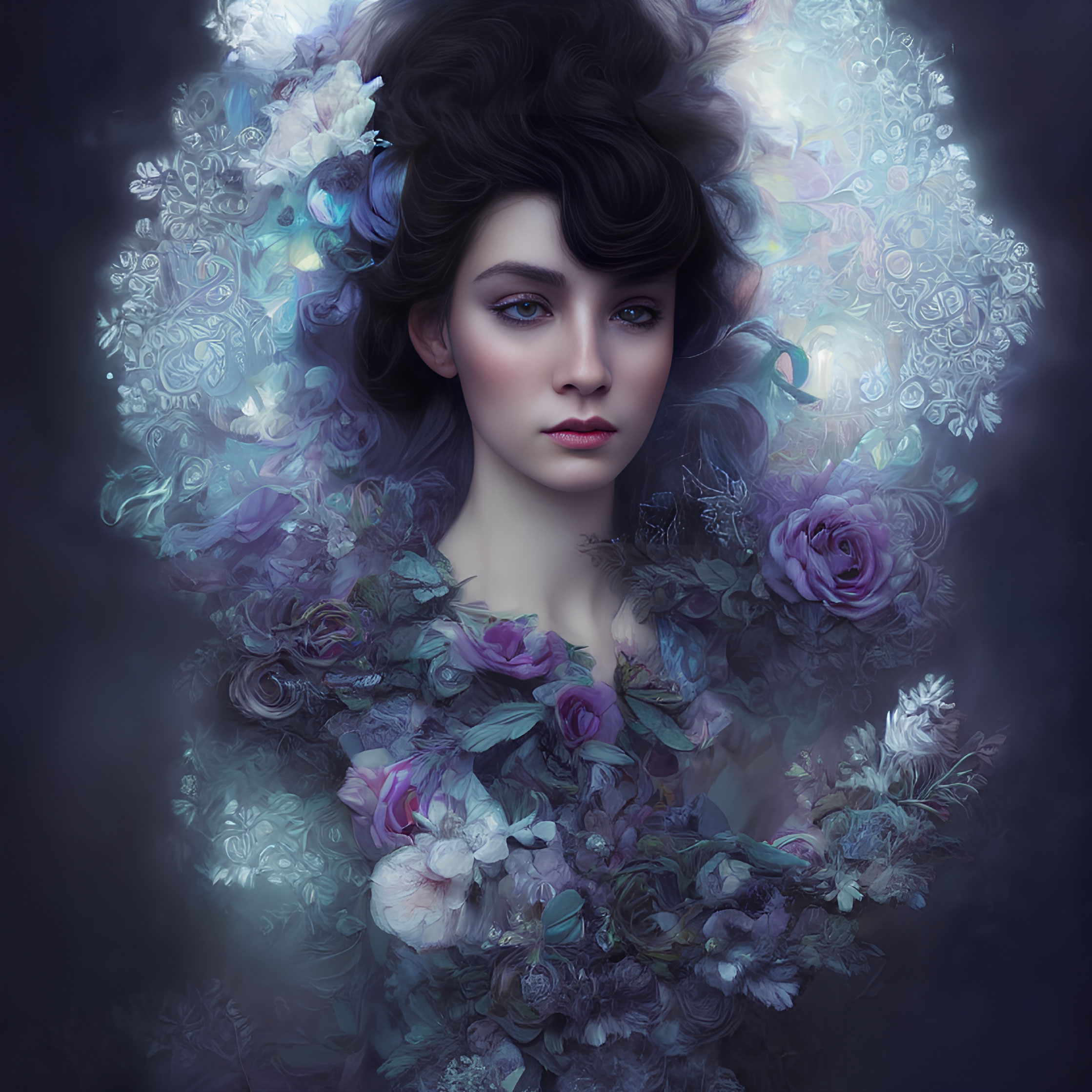 Portrait of woman with dark hair and fair skin among mystical blue and purple flowers