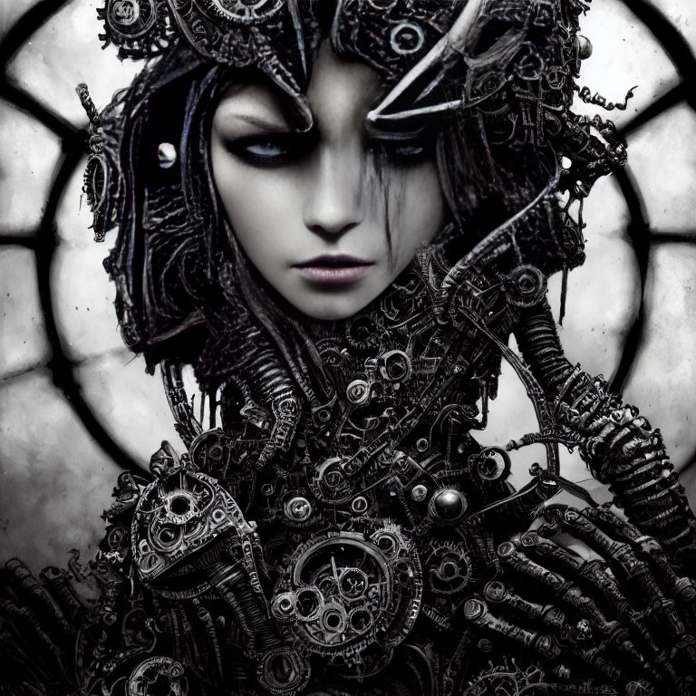 Detailed close-up of humanoid fantasy mechanical being with intricate gears and dark aesthetic