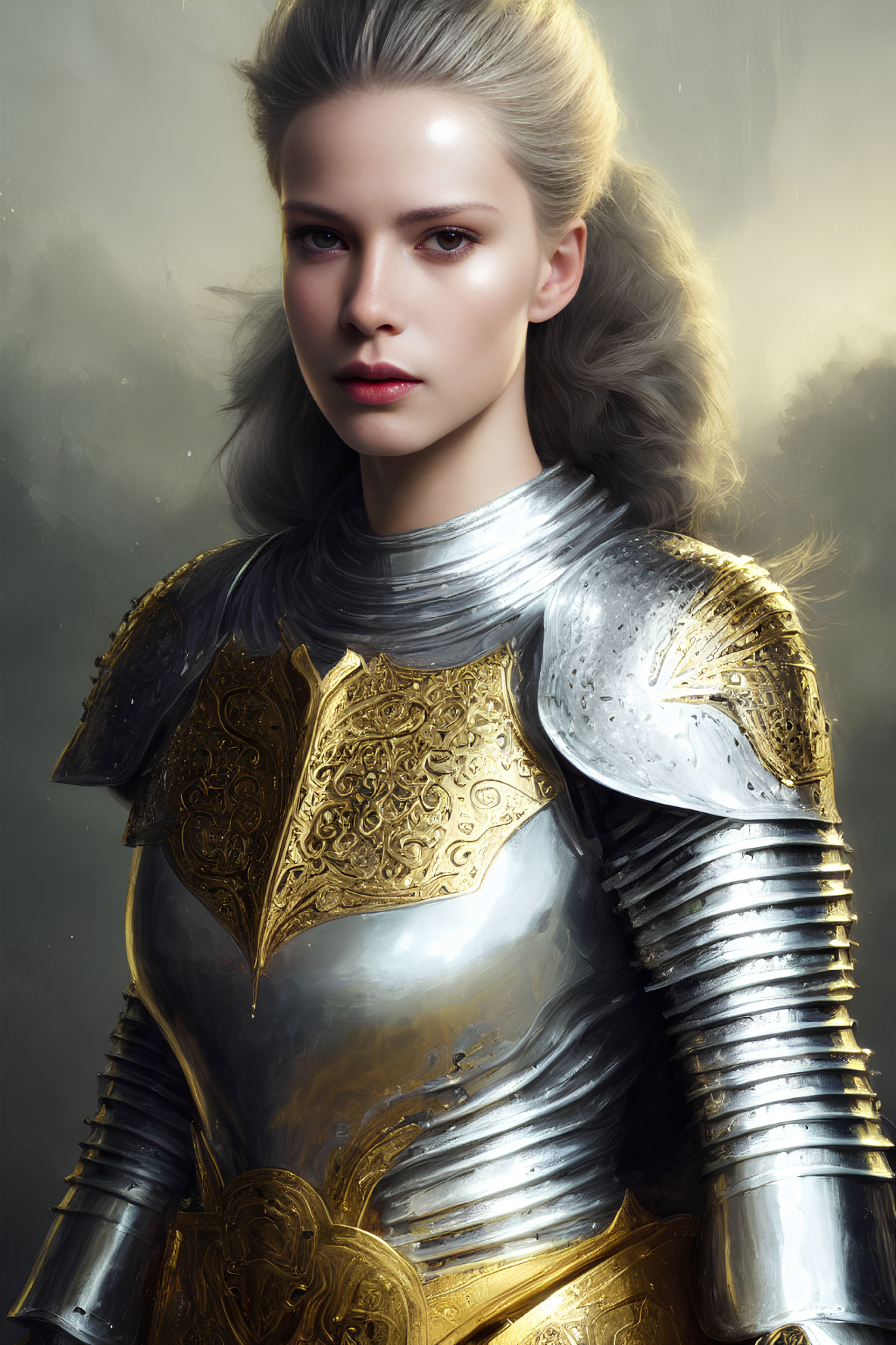 Female warrior in silver and gold ornate armor with flowing hair on golden backdrop