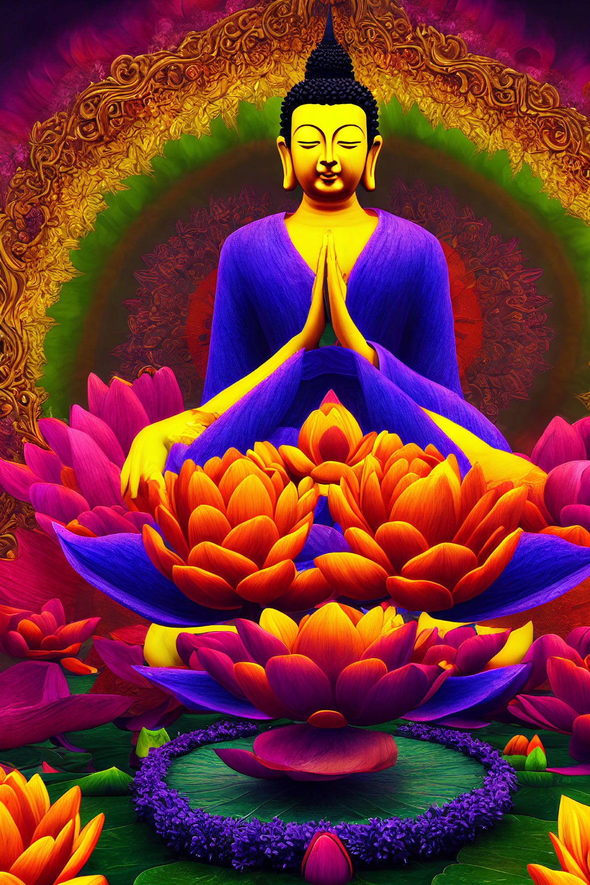 Colorful Meditating Buddha Illustration on Lotus Flowers and Ornate Background