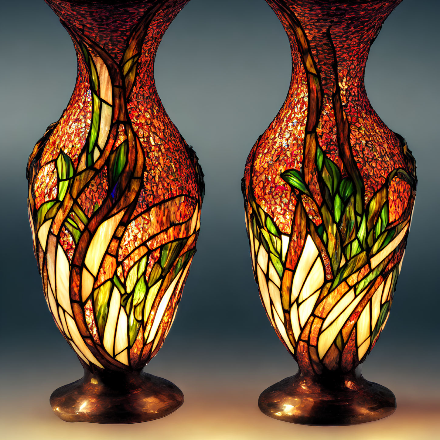 Symmetrical Tiffany-Style Stained Glass Vases with Leaf Designs