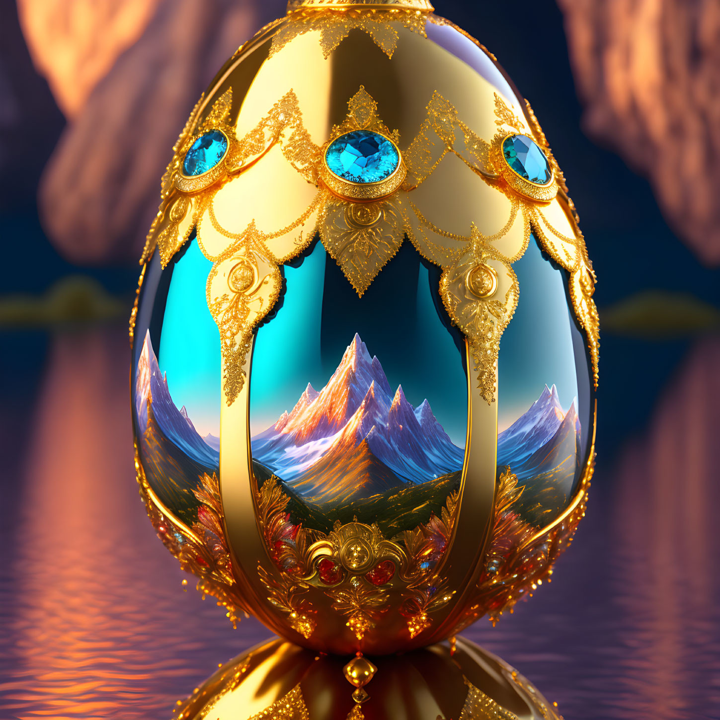 Golden Egg with Blue Gemstones Depicting Mountain Landscape at Twilight