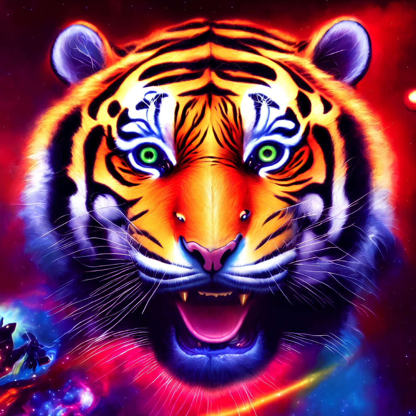 Colorful Tiger Face Artwork with Cosmic Background