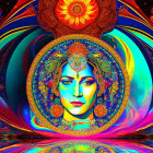 Colorful Psychedelic Portrait of Woman with Traditional Head Jewelry