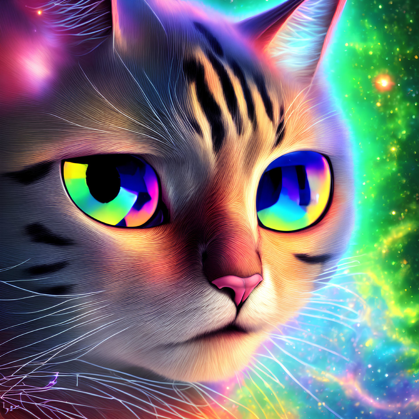 Colorful Cat Digital Art: Cosmic Background with Multicolored Eyes
