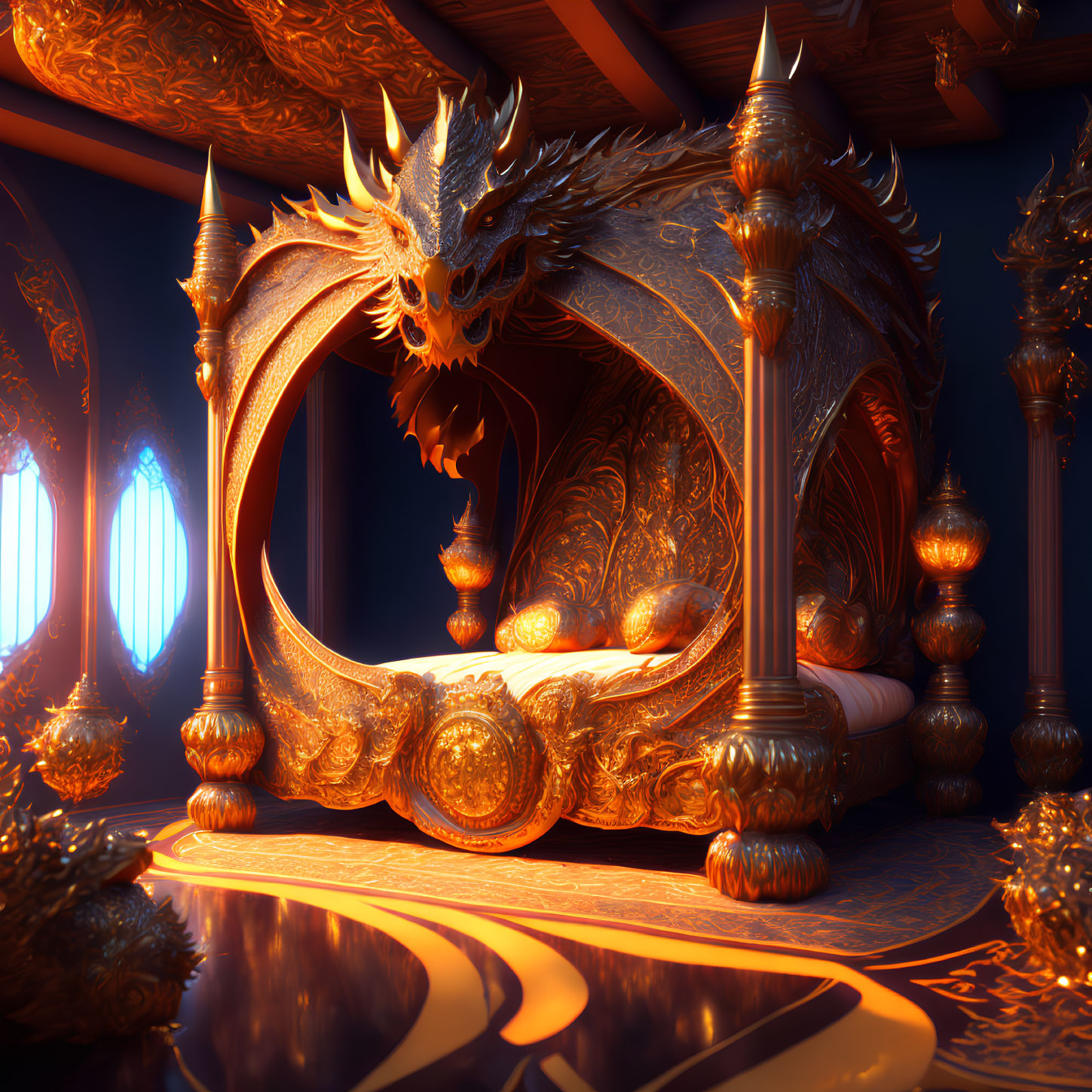 Luxurious Golden Dragon-Themed Bed in Opulent Room