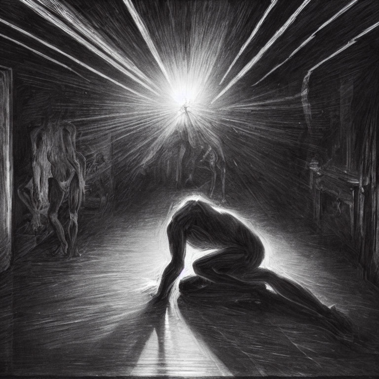 Monochrome illustration of person kneeling in corridor with radiant light and indistinct figures