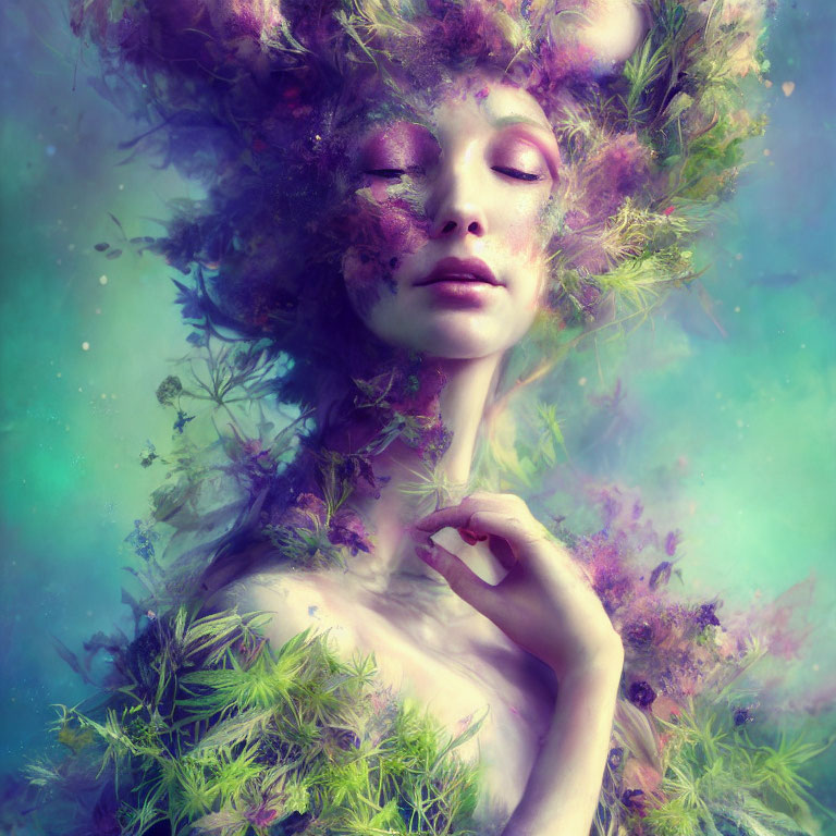 Portrait of person with closed eyes in purple and green foliage headdress on misty teal background