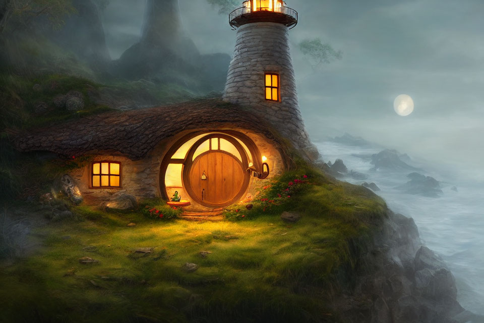 Fantasy cottage with lighthouse, round door, cliff, misty sea, moon.