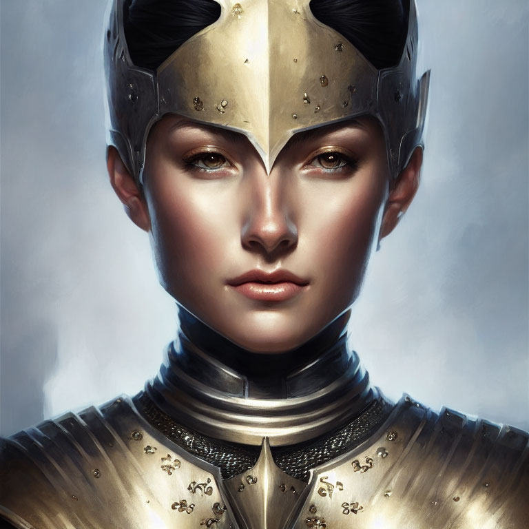 Detailed Close-Up of Woman in Medieval Armor with Golden Helmet