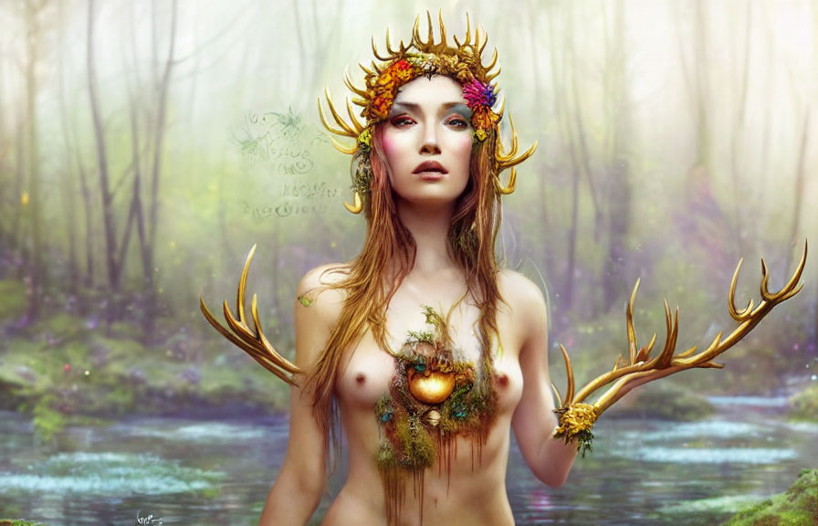Mystical forest scene with woman in antler crown and fruits in foggy woodland.