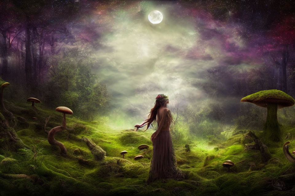 Woman in flowing dress and flower crown in mystical forest with giant mushrooms under moonlit sky
