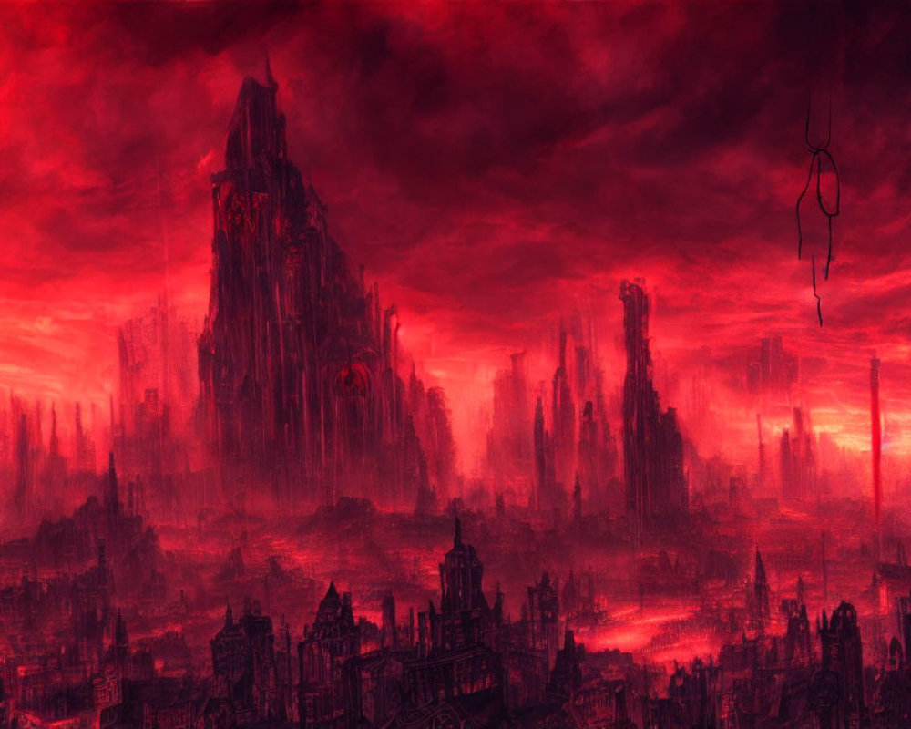 Dystopian landscape with dark structures under red sky